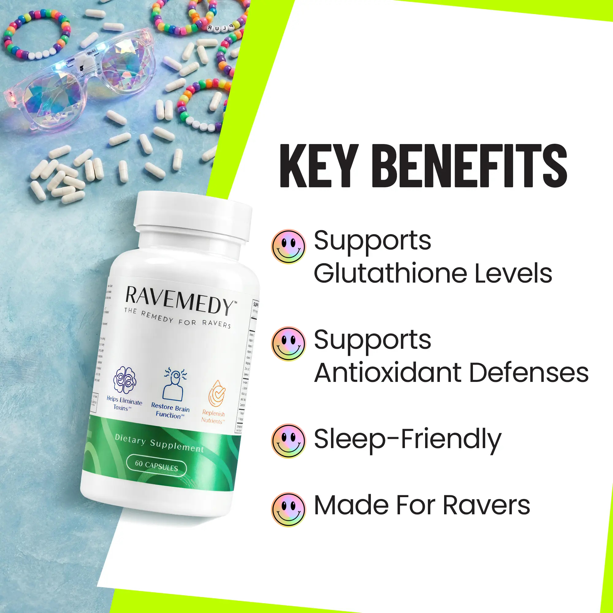 Ravemedy dietary supplement bottle labeled 'The Remedy for Rovers' shown on a styled background with capsules and colorful beads, alongside a text panel listing key benefits: supports glutathione levels, antioxidant defenses, sleep-friendly, and made for ravers.