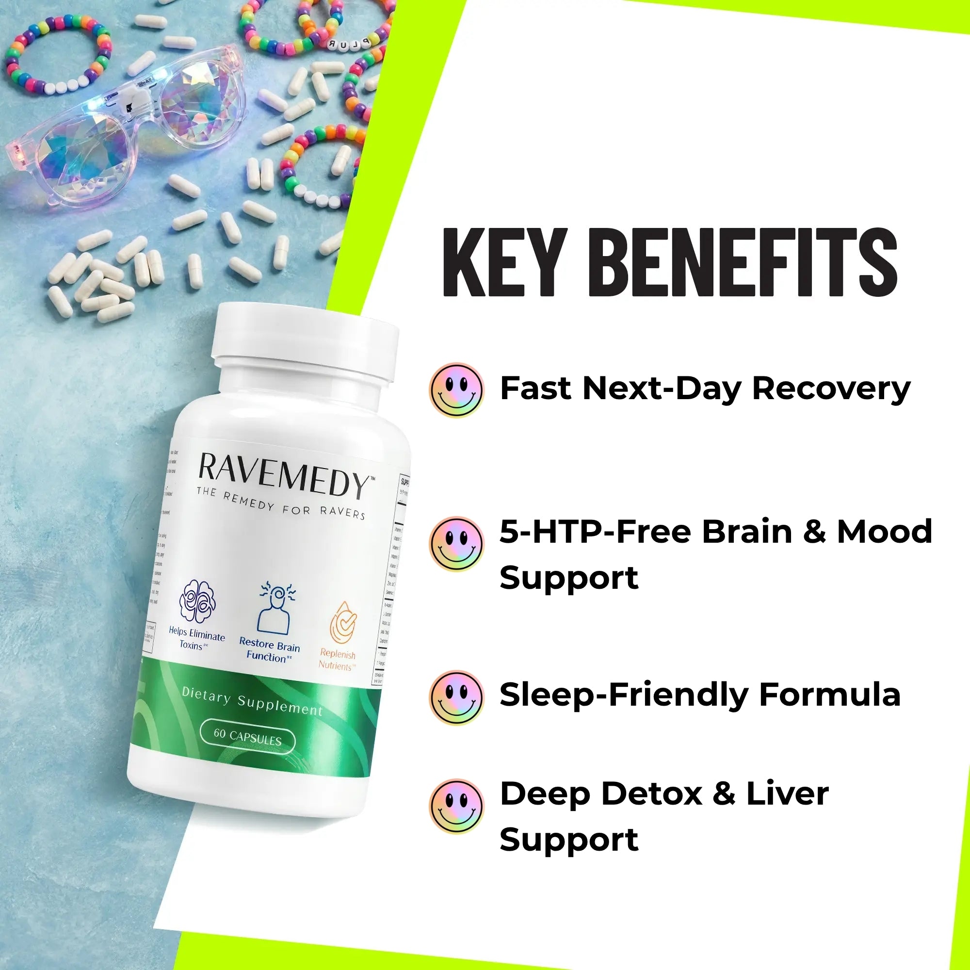 A bottle of RAVEMEDY dietary supplements is shown on a light blue surface with scattered capsules and colorful beads, next to a white panel with the text 'KEY BENEFITS' and bullet points about fast next-day recovery, 5-HTP-free brain and mood support, sleep-friendly formula, and deep detox & liver support.