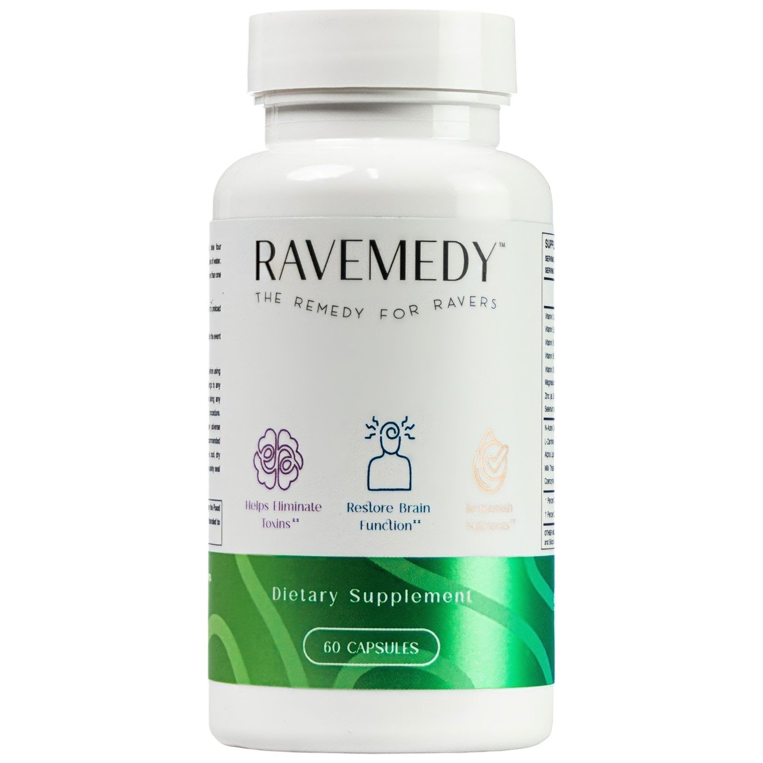 Ravemedy rave supplement bottle – party aid for festival recovery and hydration support.