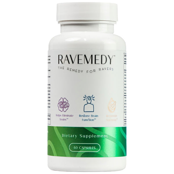 Ravemedy rave supplement bottle – party aid for festival recovery and hydration support.