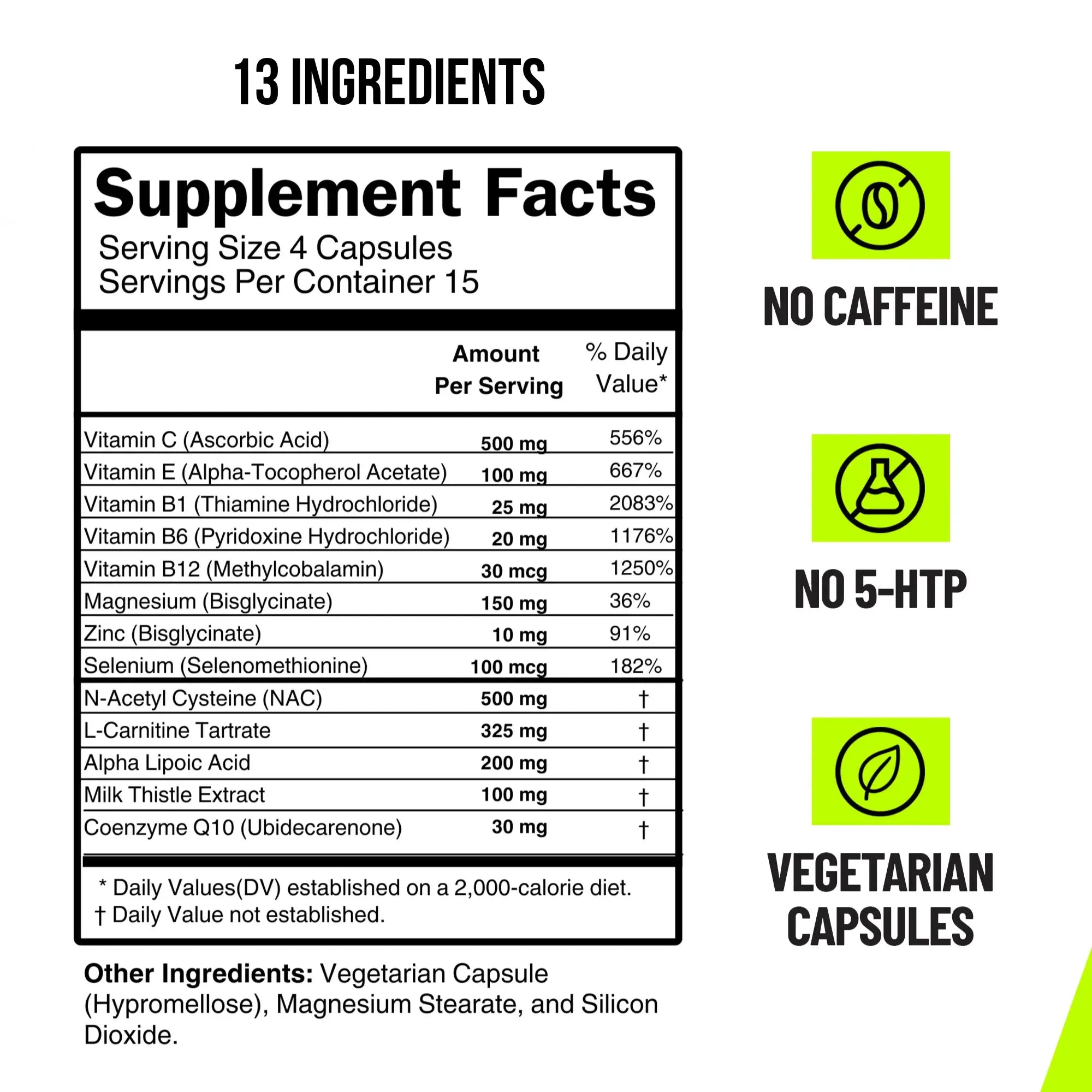 A supplement facts label with a large Supplement Facts panel showing 13 ingredients, alongside three green callout icons reading NO CAFFEINE, NO 5-HTP, and VEGETARIAN CAPSULES on a black background.